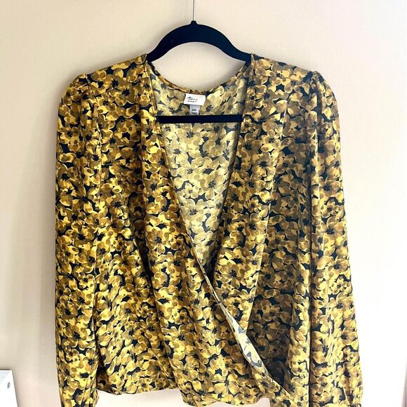 XXL A New Day Yellow Black Floral Long-Sleeve Wrap top - Picture 4 of 10